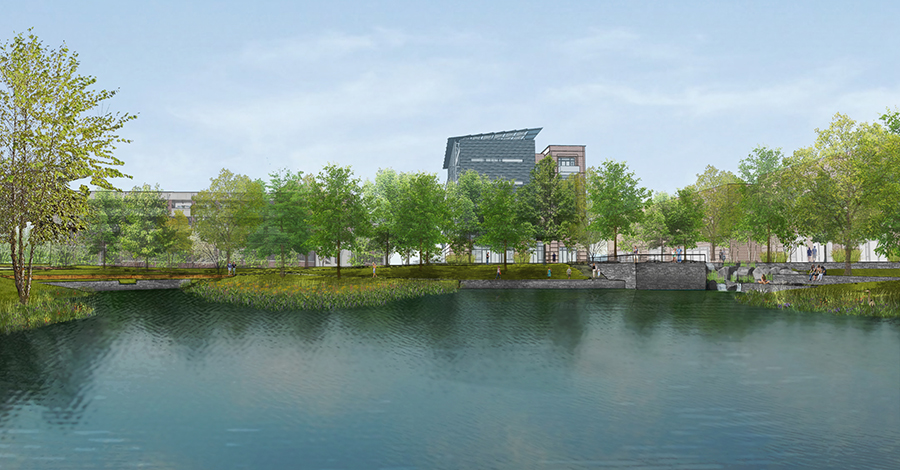 Proposed view across Eco-Commons Pond, just north of the Molecular Science and Engineering Building as part of the sector planning conducted by Capital Planning and Space Management for the area around the Engineered Biosystems Building Proposed view across Eco-Commons Pond, just north of the Molecular Science and Engineering Building as part of the sector planning conducted by Capital Planning and Space Management for the area around the Engineered Biosystems Building