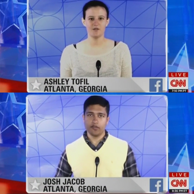 Josh Jacob and Ashley Tofil, students in the Sam Nunn school of International Affairs at Georgia Tech, were selected by CNN to have their questions asked during a primetime CNN GOP debate. 