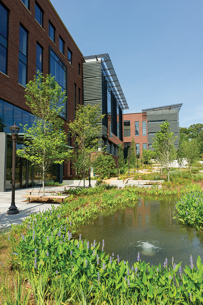 Construction of the Engineered Biosystems Building, an interdisciplinary research facility, was an opportunity to expose some of the water that is naturally part of the campus.