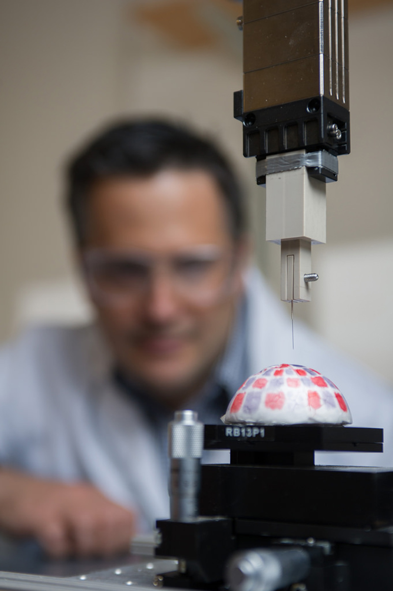 The scientists programmed the robotic arm to poke the sample with an acupuncture needle. The scientists programmed the robotic arm to poke the sample with an acupuncture needle.
