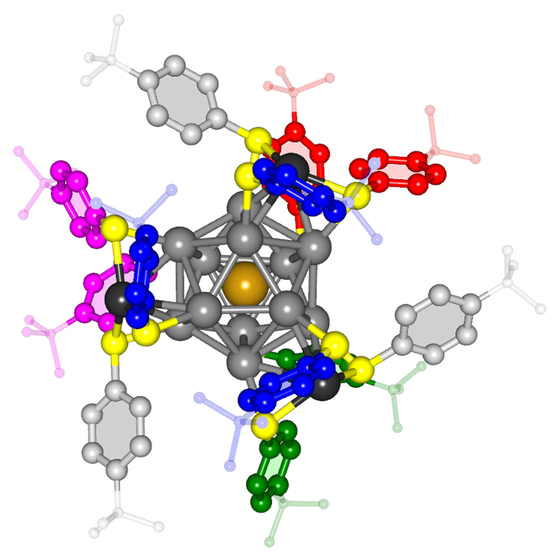 The de novo-predicted and X-ray-confirmed structure of the organic thiol-capped AuAg16(SR)12 cluster. The cluster is comprised of a central icosahedral (AuAg12, made of a gold atom surrounded by twelve silver atoms), capped by four AgS3 mounts, each made of a triangle of sulfur atoms, in yellow, bonded to an anchoring silver atom (black). Each of the twelve sulfur atoms is bonded to an aromatic phenyl ring which is crowned by a tetrabutyl group C(CH3)3. Most of the aromatic rings are organized in dimer bund