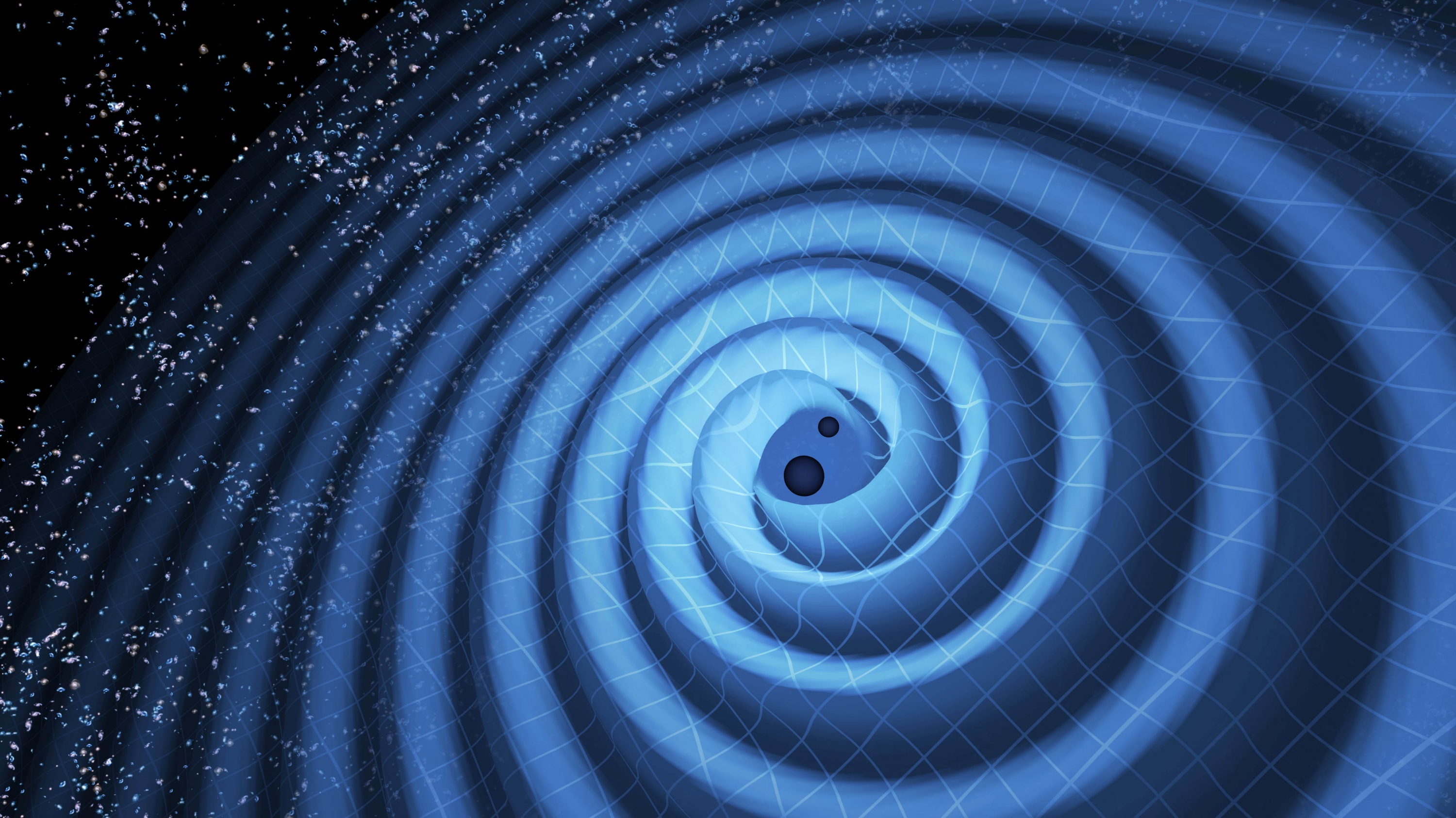 This illustration shows the merger of two black holes and the gravitational waves that ripple outward as the black holes spiral toward each other. The black holes—which represent those detected by LIGO on Dec. 26, 2015—were 14 and 8 times the mass of the sun, until they merged, forming a single black hole 21 times the mass of the sun. In reality, the area near the black holes would appear highly warped, and the gravitational waves would be difficult to see directly. Image credit: LIGO/T. Pyle This illustration shows the merger of two black holes and the gravitational waves that ripple outward as the black holes spiral toward each other. The black holes—which represent those detected by LIGO on Dec. 26, 2015—were 14 and 8 times the mass of the sun, until they merged, forming a single black hole 21 times the mass of the sun. In reality, the area near the black holes would appear highly warped, and the gravitational waves would be difficult to see directly. Image credit: LIGO/T. Pyle