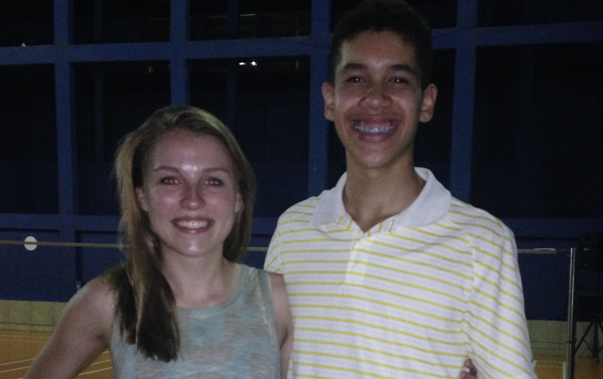 Hannah Musall, Georgia Tech student, left, with Miratus badminton player Jonathan Santos during her visit to Rio in 2015.