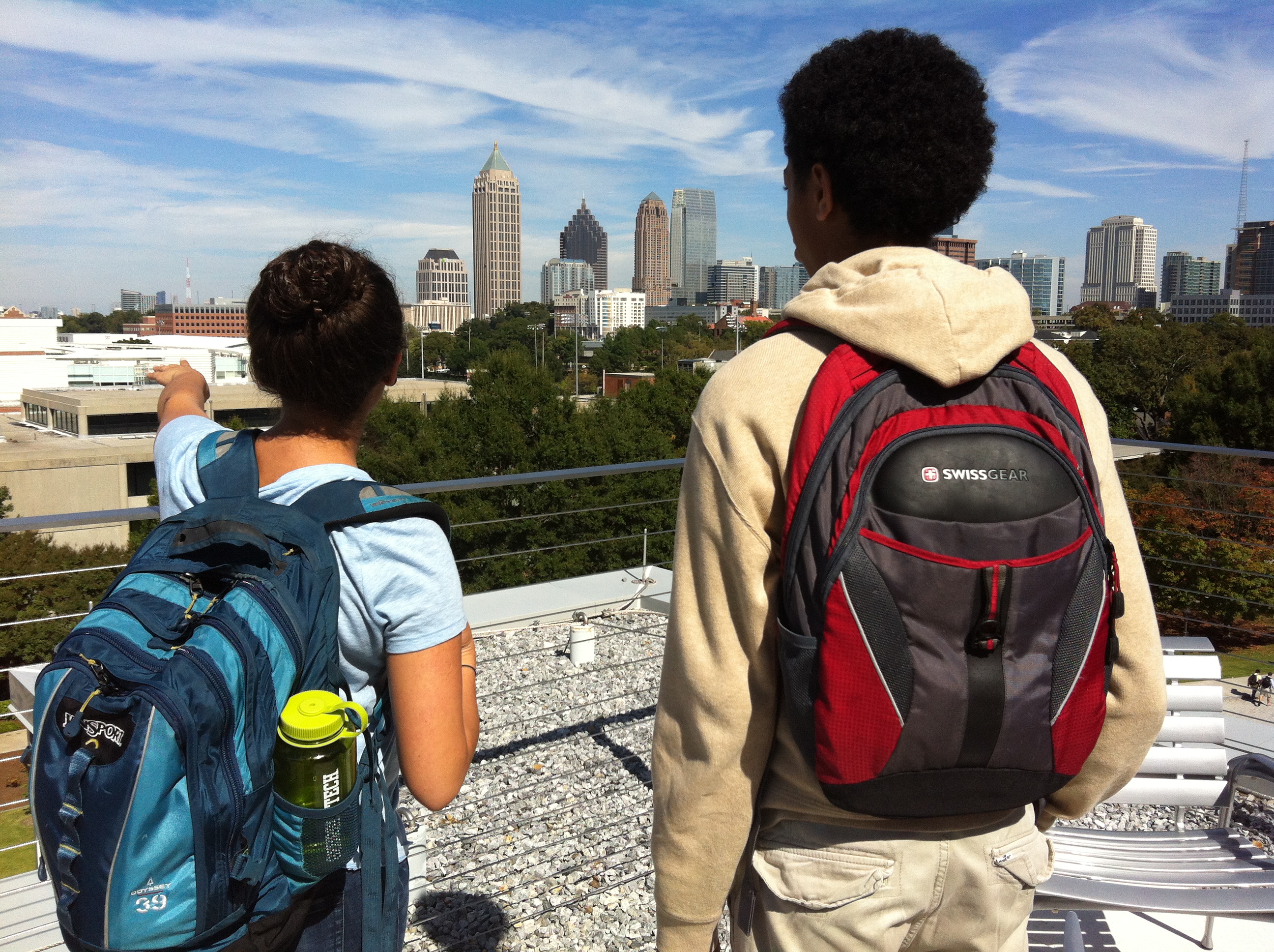 Second-year student Cassee Cain gives a tour to high schooler DeAndre Wideman during Shadow Day on October 18, 2013. After attending a lecture in the Clough Clough Undergraduate Learning Commons, the two students toured the top of the building.