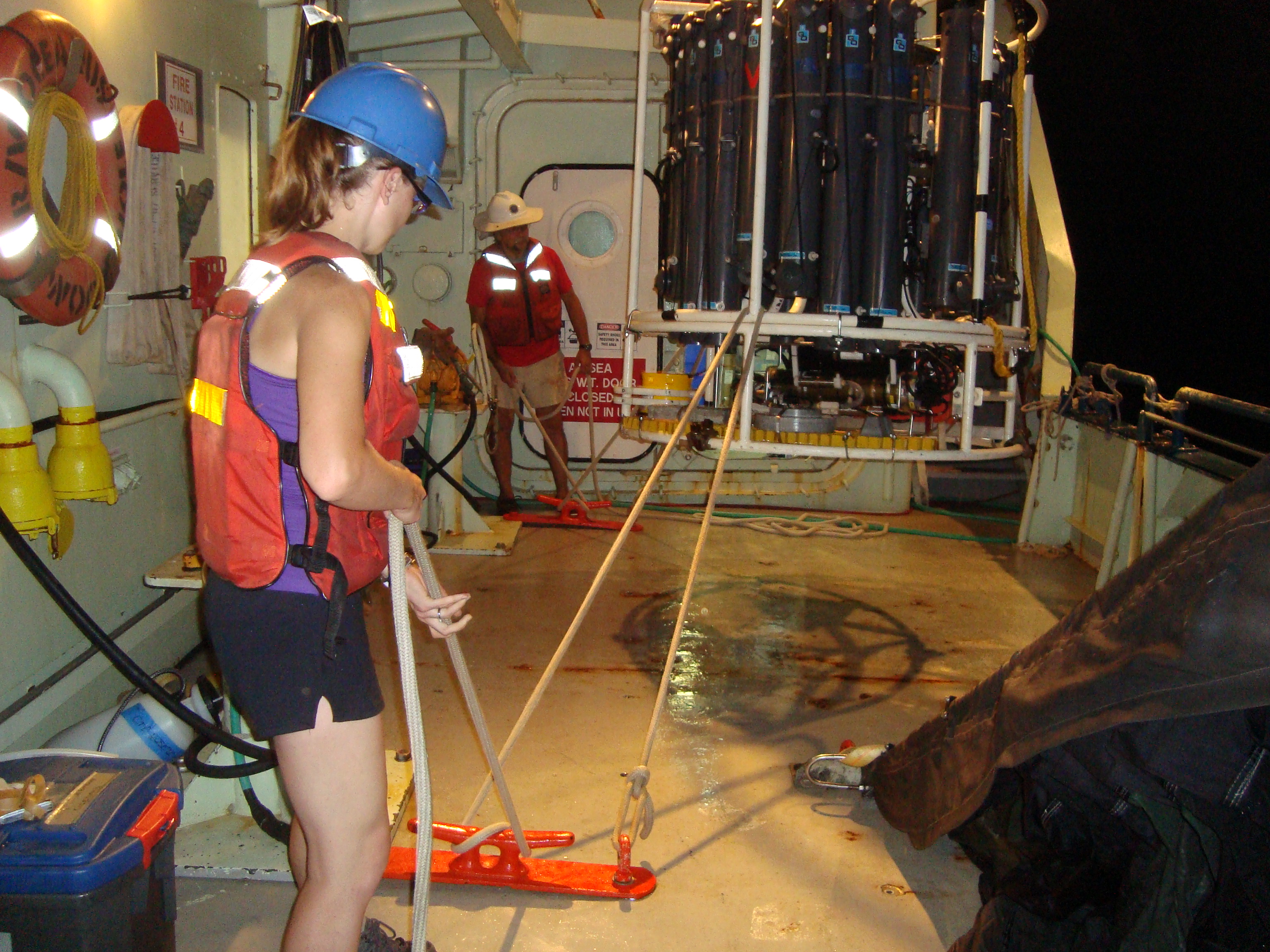 Kelsey Poulson-Ellestad, a former graduate student at the Georgia Institute of Technology, now at Woods Hole Oceanographic Institution, works with a Conductivity, temperature and depth (CTD) sampling rosette, which is lowered over the side of a vessel and is used tocollect water samples from various depths. Credit: Kelsey Poulson-Ellestad.
