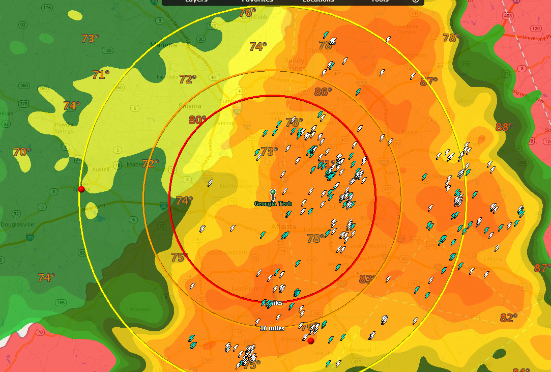 This actual screen shot from the WeatherSentry radar shows lightning as it approaches the Georgia Tech campus from the 15-, 10- and 8-mile range.