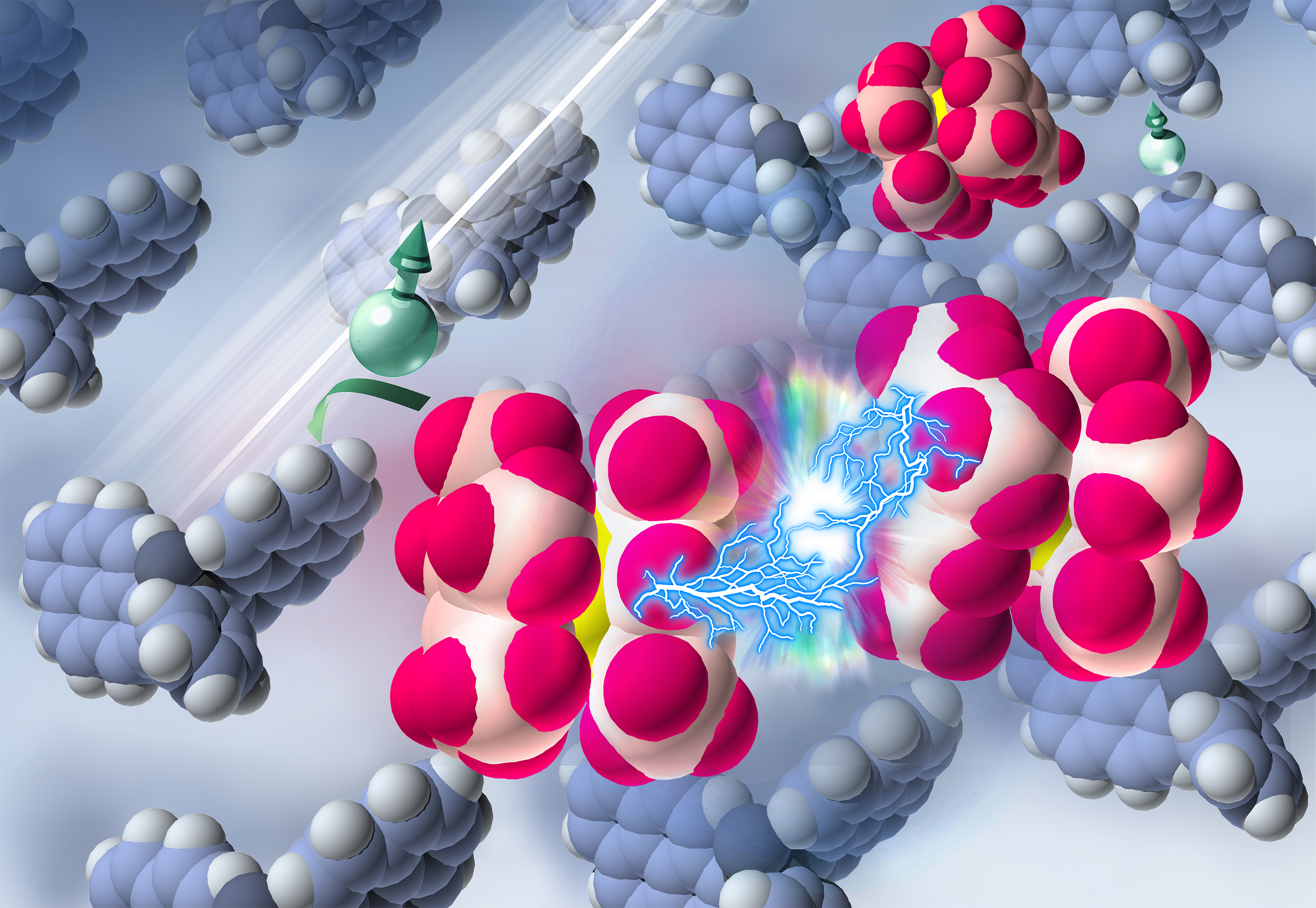 Researchers used ultraviolet light to excite molecules in a semiconductor, triggering reactions that split up and activated a dopant. Credit: Princeton University / Jing Wang and Xin Lin