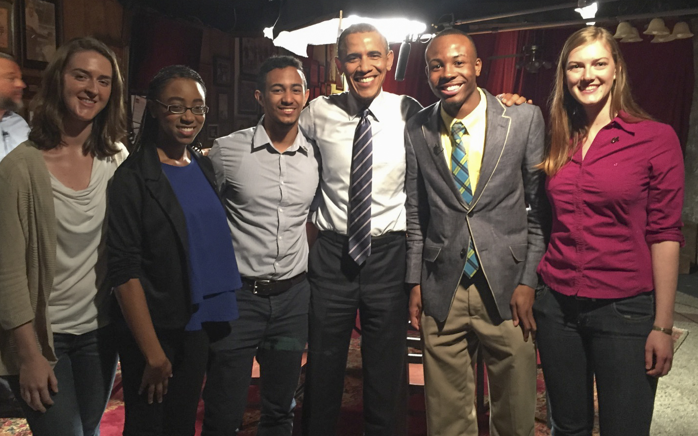Lauren Milner (far left), Gabriel Galarza (gray shirt) and Laura O'Connell (far right) were among five students invited to a roundtable hosted by President Barack Obama on March 10, 2015.