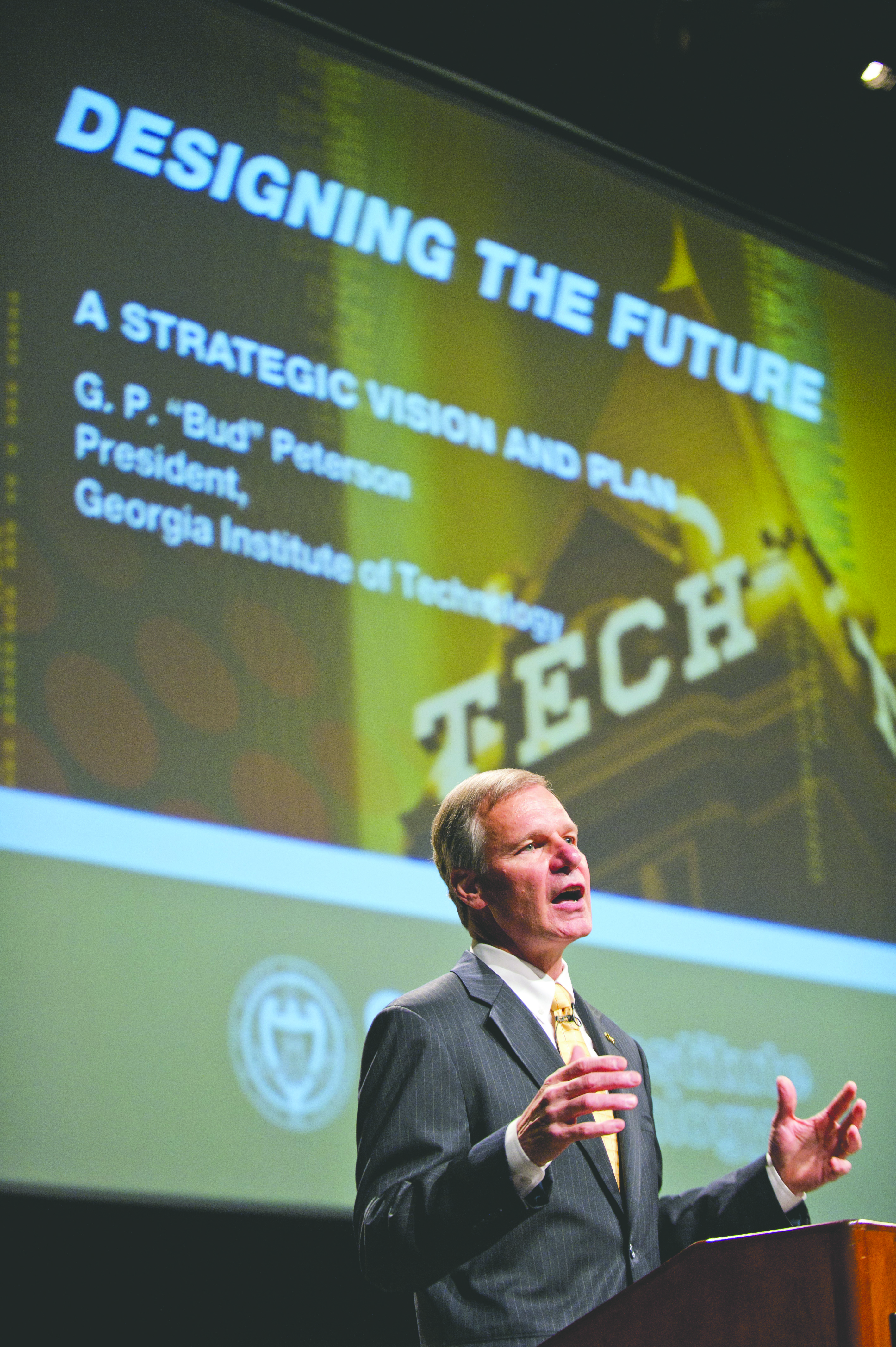 President G. P. “Bud” Peterson announces the 25-year strategic plan, Designing the Future, last fall. Since then, campus units have been brainstorming ways to implement it.
