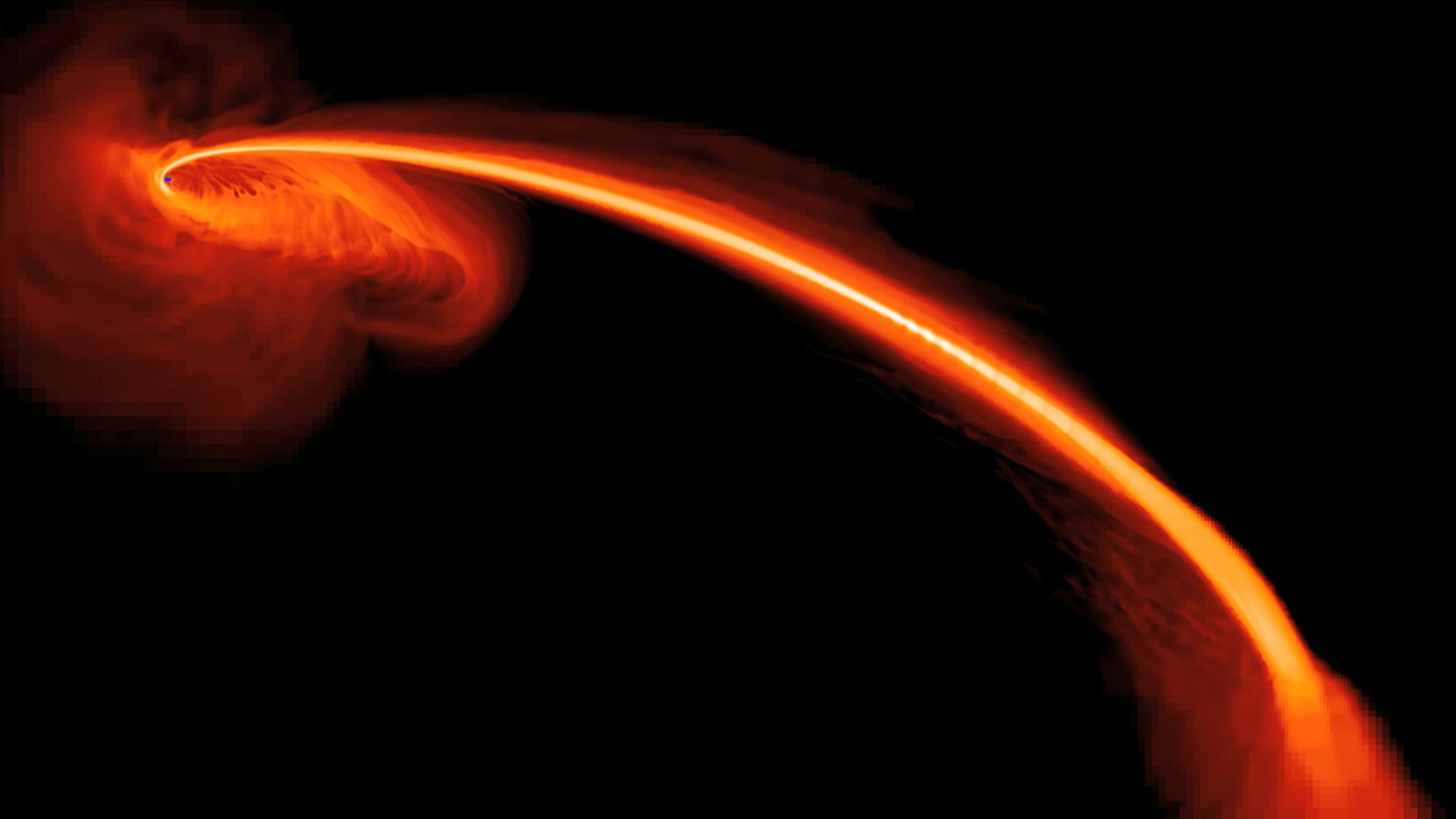 This computer-simulated image shows gas from a star that is ripped apart by tidal forces as it falls into a black hole. Some of the gas is also being ejected at high speeds into space. Using observations from telescopes in space and on the ground, astronomers have gathered the most direct evidence yet for this violent process. (Credit: NASA, S. Gezari, The Johns Hopkins University and J. Guillochon, University of California, Santa Cruz)