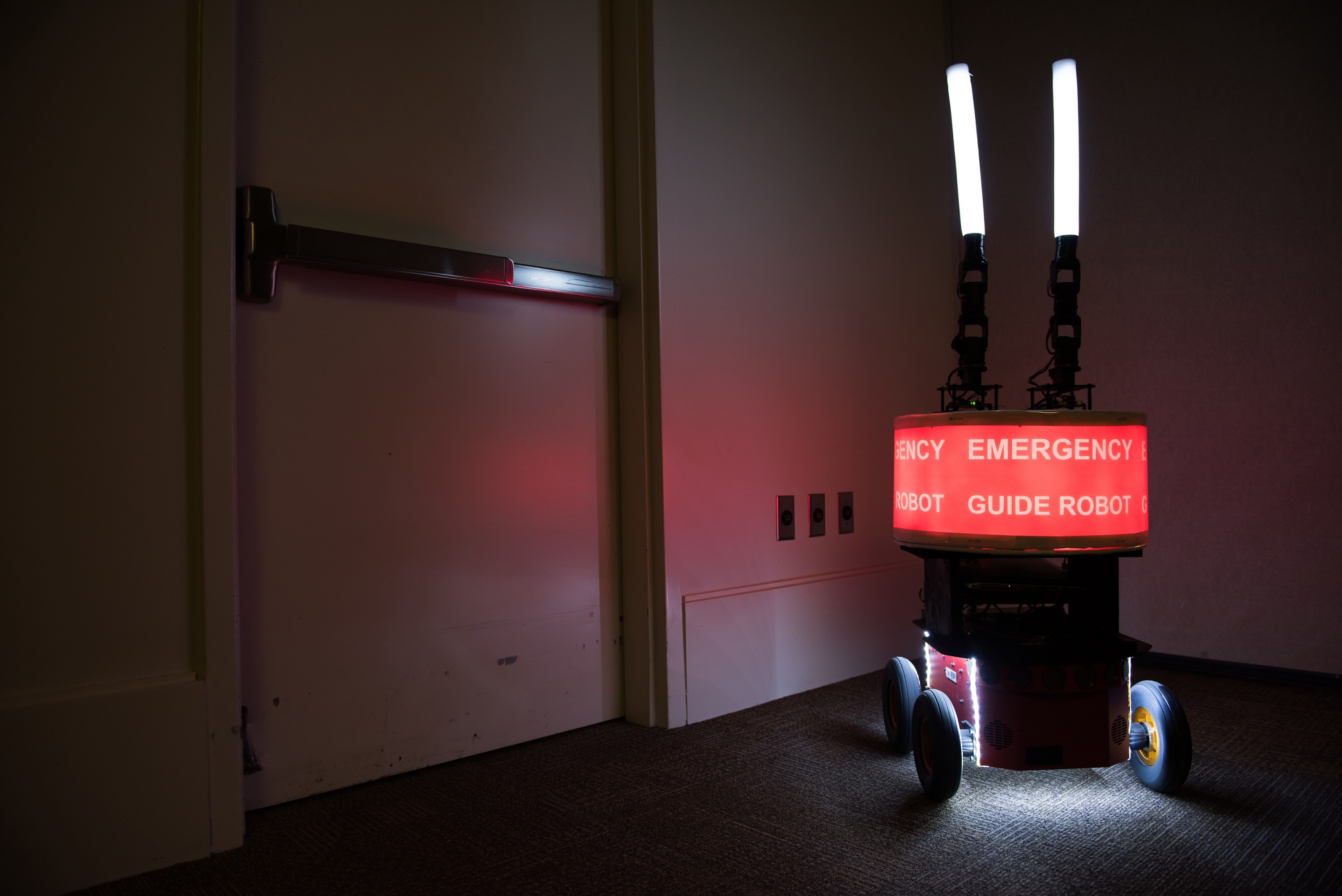 Georgia Tech researchers built the “Rescue Robot” to determine whether or not building occupants would trust a robot designed to help them evacuate a high-rise in case of fire or other emergency. (Credit: Rob Felt, Georgia Tech) Georgia Tech researchers built the “Rescue Robot” to determine whether or not building occupants would trust a robot designed to help them evacuate a high-rise in case of fire or other emergency. (Credit: Rob Felt, Georgia Tech)