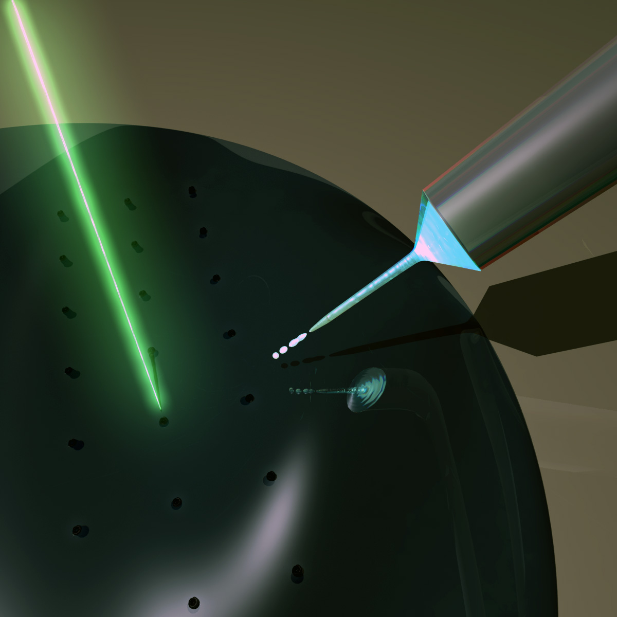 Shown are elements of the NESA-FEBID process involving nanoelectrospray delivery of electrically-energized liquid phase precursor to the substrate where it interacts with an e-beam, resulting in formation of nanoscale deposits. (Credit: Jeffrey Fisher, Georgia Tech) Shown are elements of the NESA-FEBID process involving nanoelectrospray delivery of electrically-energized liquid phase precursor to the substrate where it interacts with an e-beam, resulting in formation of nanoscale deposits. (Credit: Jeffrey Fisher, Georgia Tech)