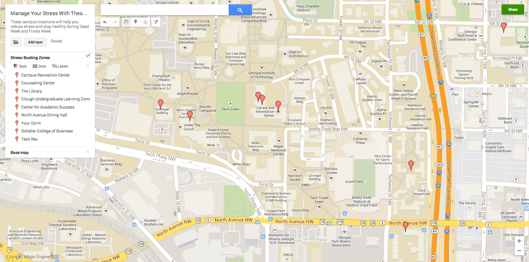 Check out this map of campus stress-busting zones.