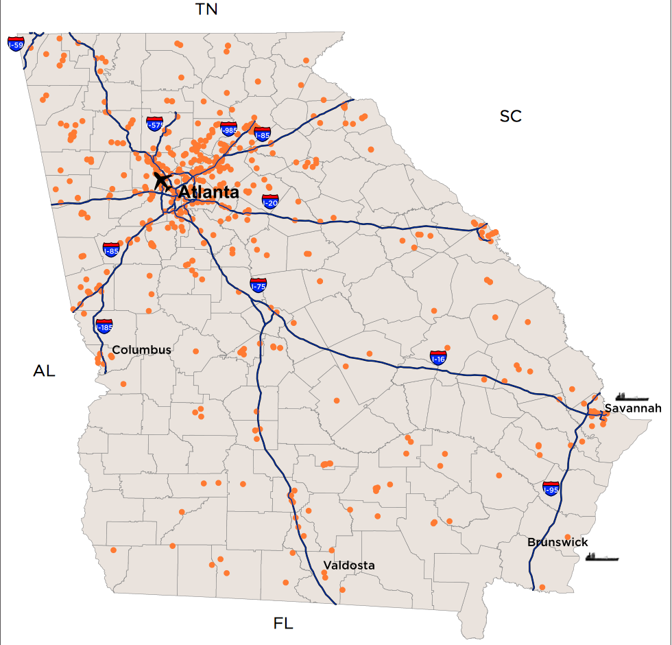 The dots on the map represent all the automotive-related manufacturing operations in Georgia. Collectively, the sector employs more than 18,000 people.Credit: Georgia Department of Economic Development.