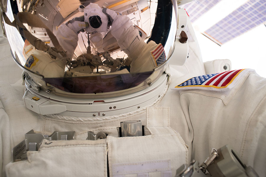 Georgia Tech graduate Shane Kimbrough takes a selfie during a spacewalk outside the International Space Station on March 24, 2017. Courtesy: NASA