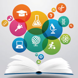 illustration of an open book with research and academic icons floating over it