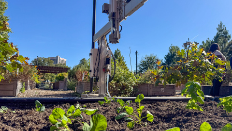 The FarmBot in Georgia Tech’s Community Garden serves as a test bed for designing related learning experiences and supporting partner schools in setting up their devices.