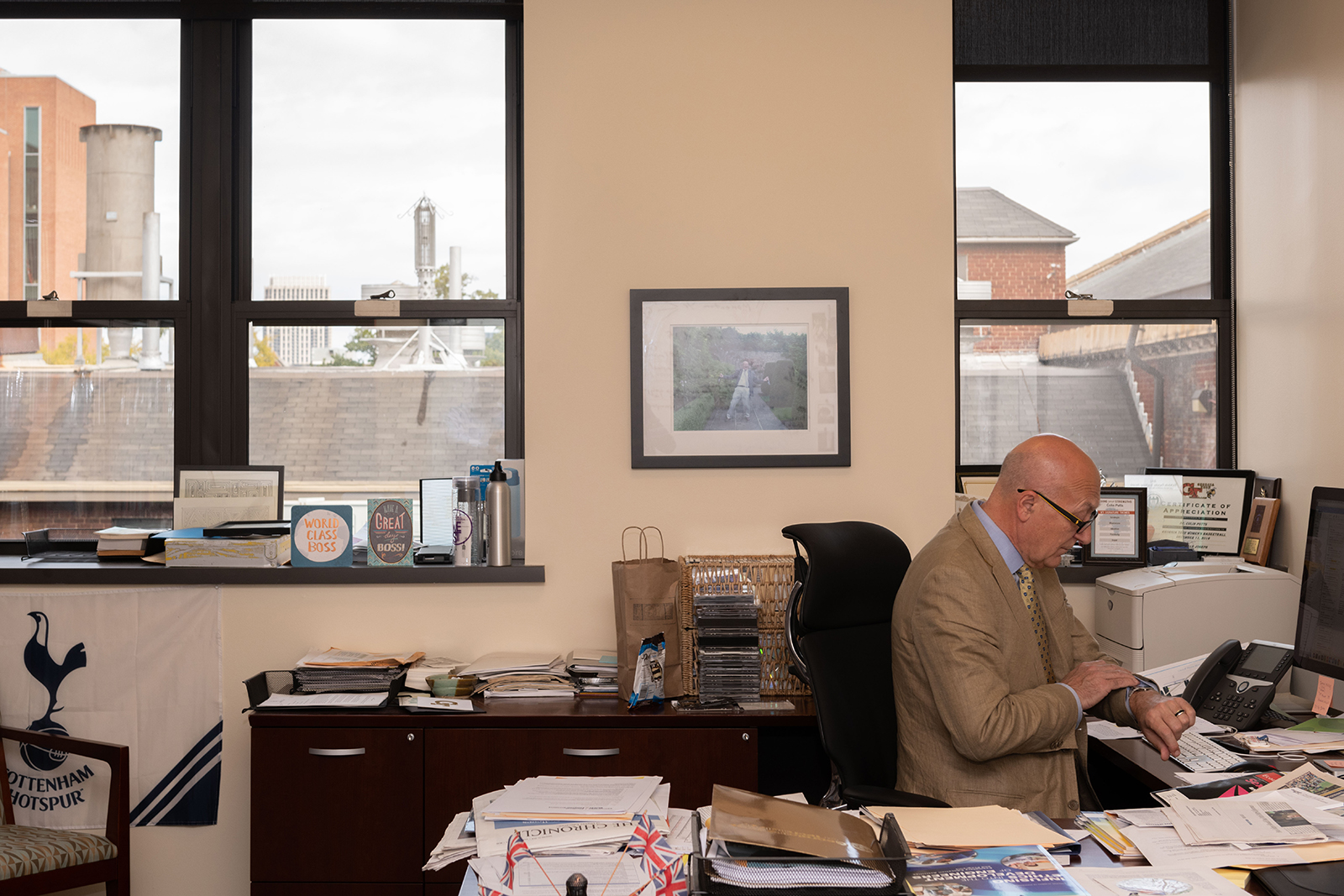 Colin Potts at work with the steam whistle visible out the window