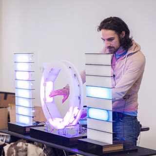 A musician plays his light up instrument at the Guthman Musical Instrument Competition.