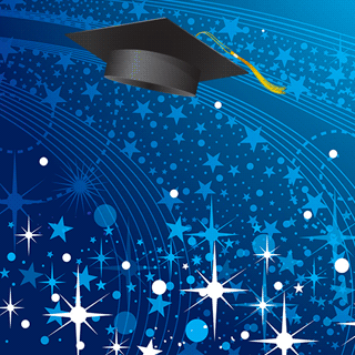 A graduation mortar board and stars.