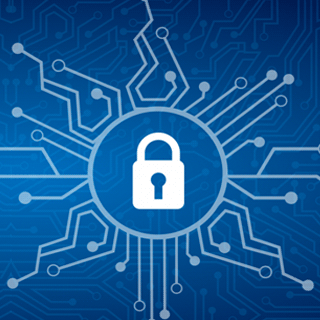 An illustration of a padlock surrounded by a computer chipboard.