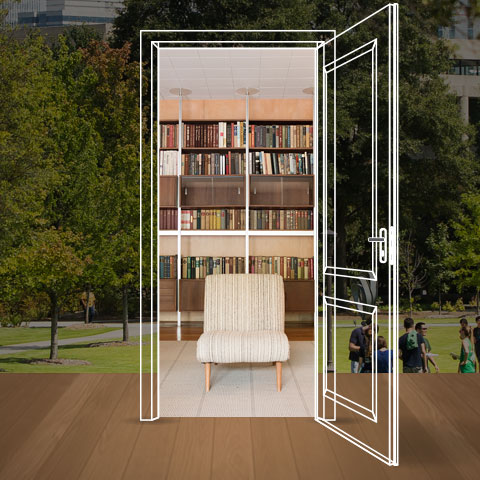 The Georgia Tech campus with an illustration of a door. Through the door you see shelves of book.