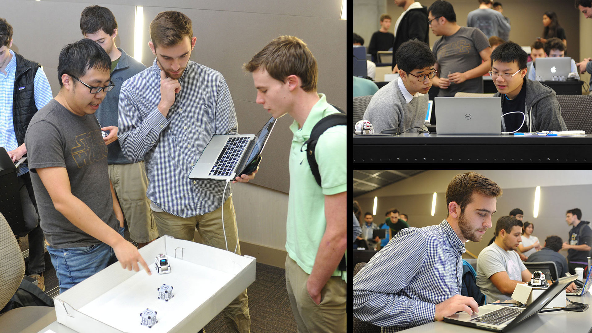 photo matrix - students working with tiny robots in class