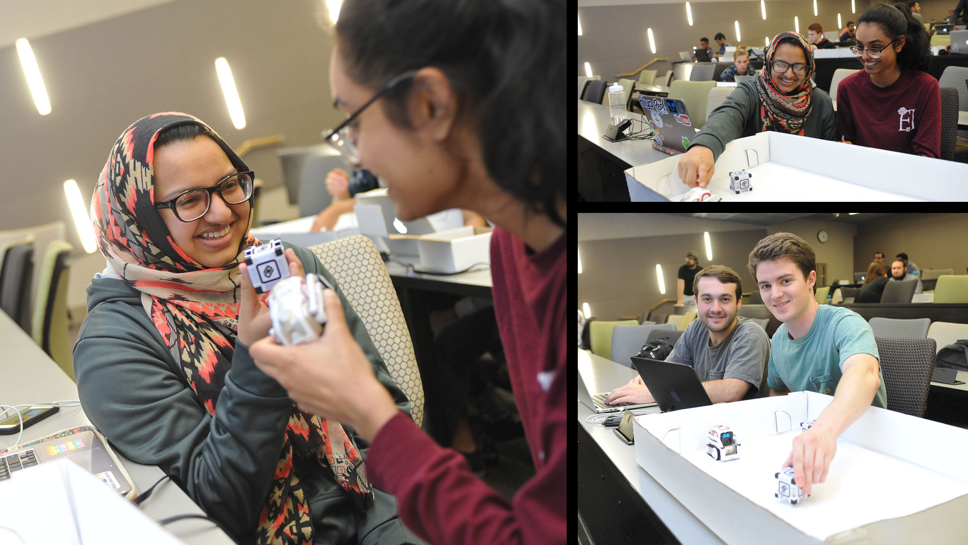 photo matrix - students working with tiny robots in class