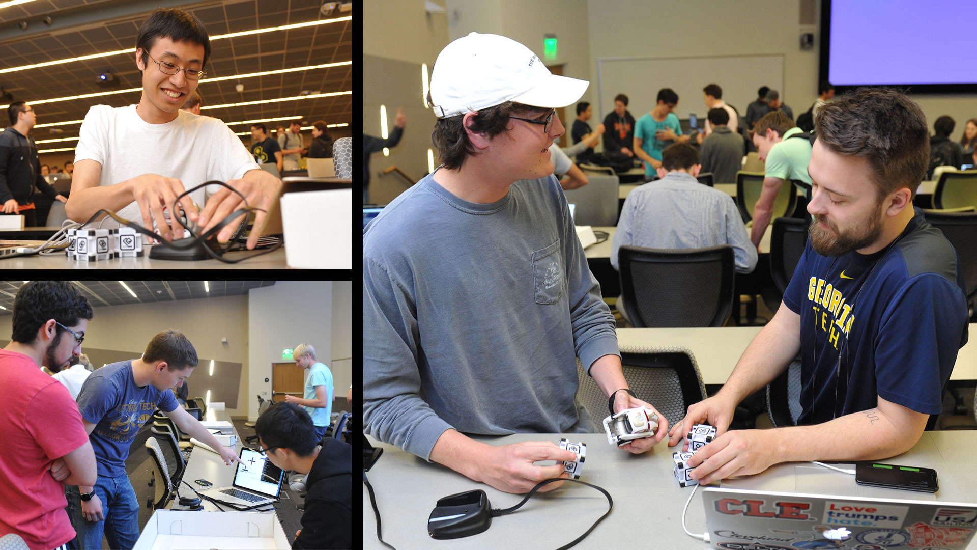 photo matrix - students working with tiny robots in class