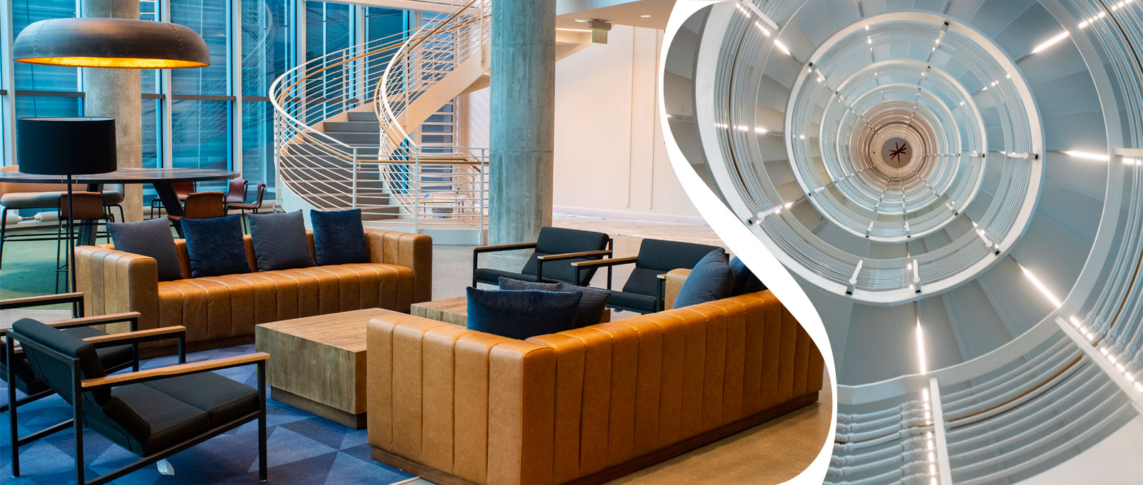 Coda building's spiral staircase leading into a communal meeting area