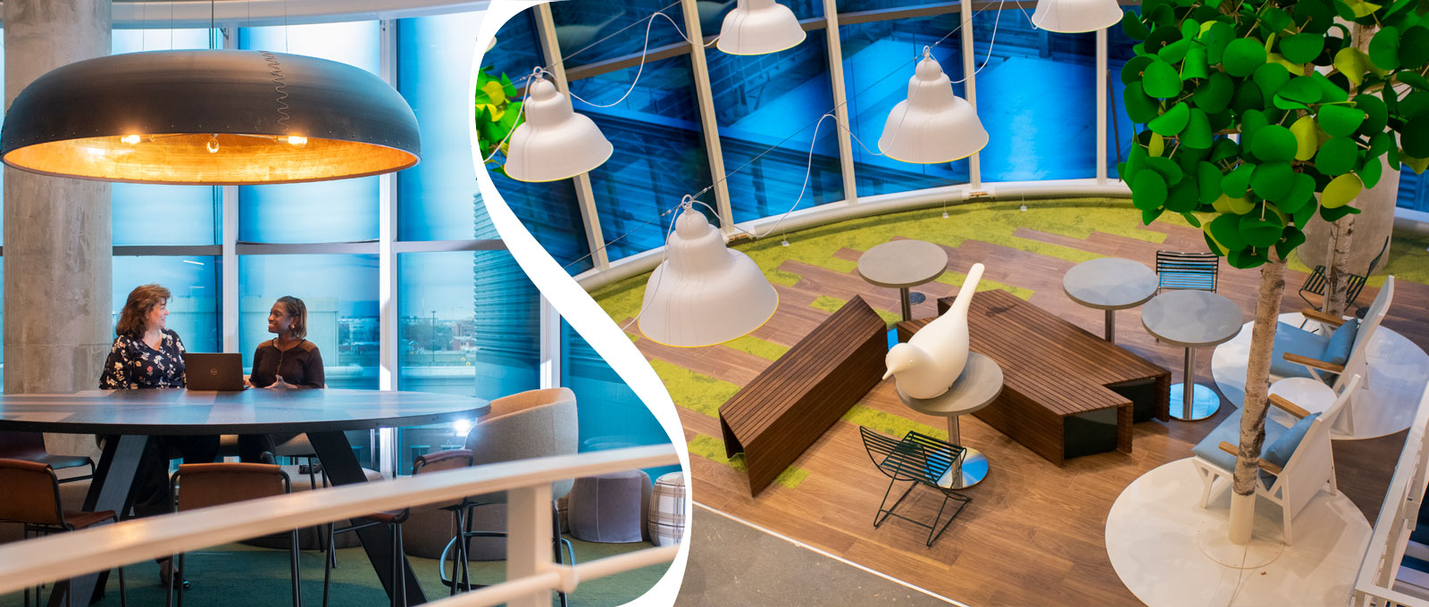 Coda atrium with large round table and park-themed collaborative space