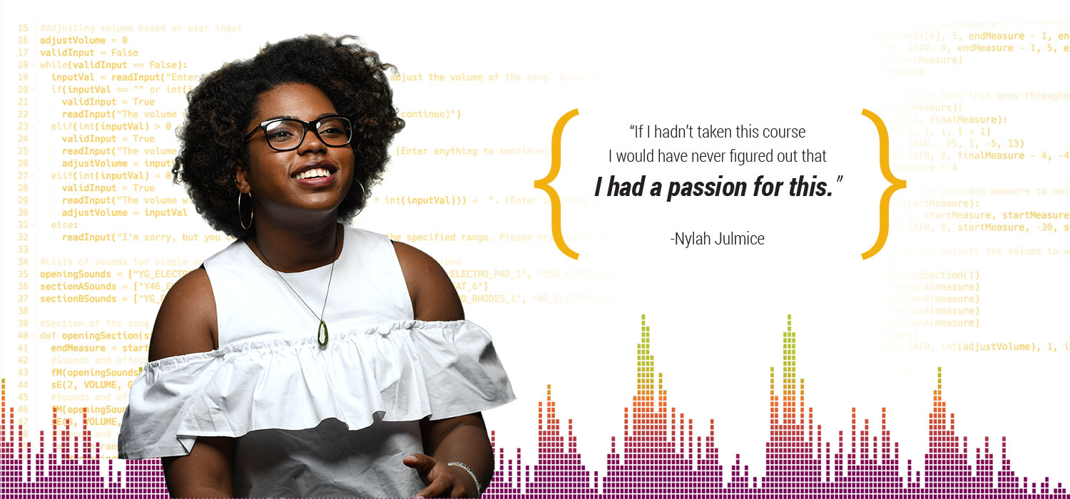 Nylah Julmice giving an interview about how EarSketch helped her realize she was interested in computer science