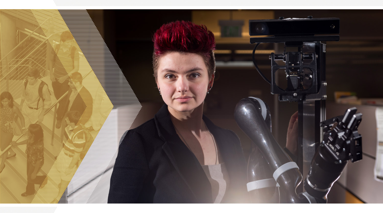 A portrait of Tesca Fitzgerald with a robot that has an articulated arm and hand for completing tasks