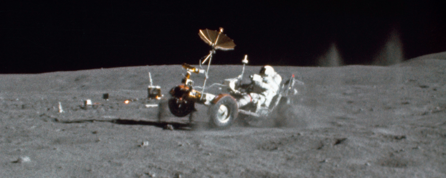 John Young completing the "Grand Prix" demo of the lunar rover