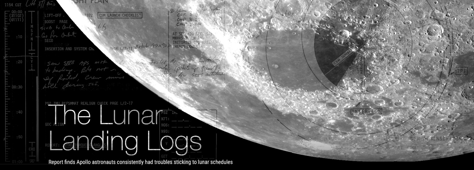 A modern image of the moon showing the craters in detail and overlaid with notes from the Apollo missions