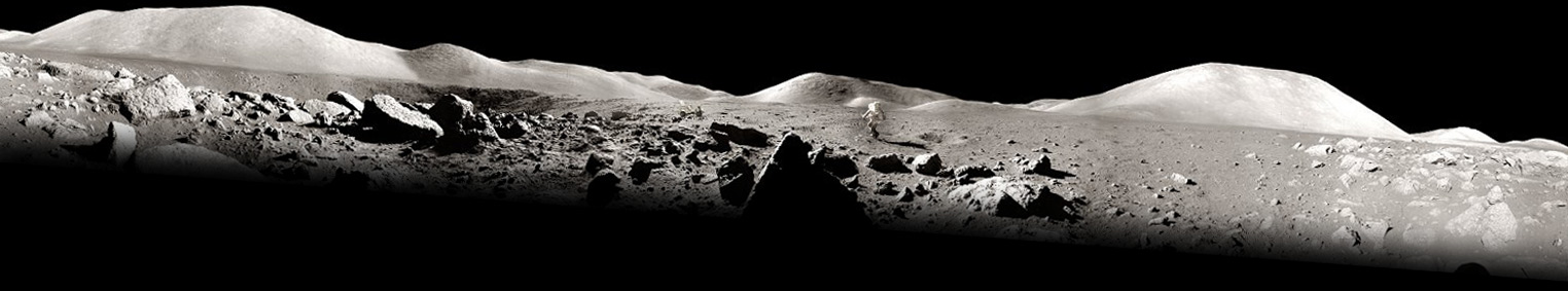 A panorama of an astronaut and the lunar rover on the moon's surface