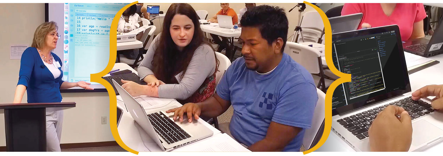 Left: Pam Whitlock teaching the EarSketch class. Center: teachers helping one another with the program. Right: EarSketch seen on a computer screen.
