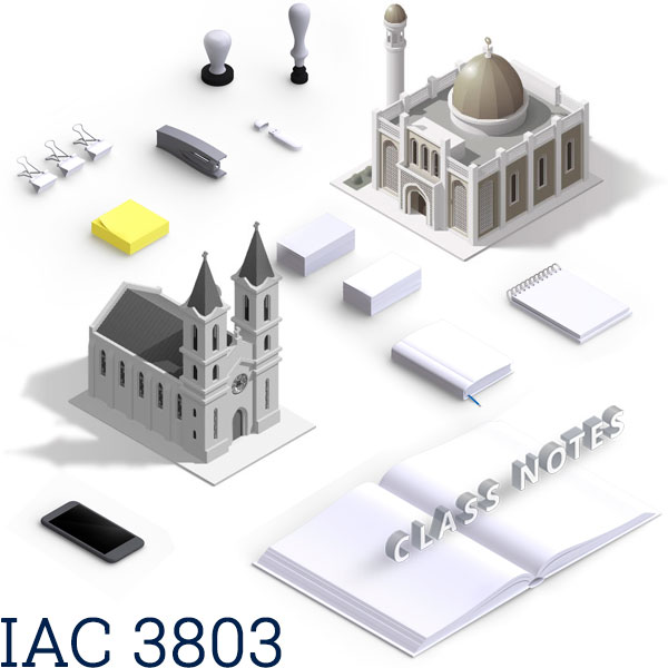 illustration - model churches, open books, note pads