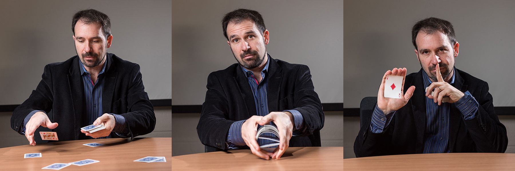 photo - three photos of Professor Matt Baker handling playing cards