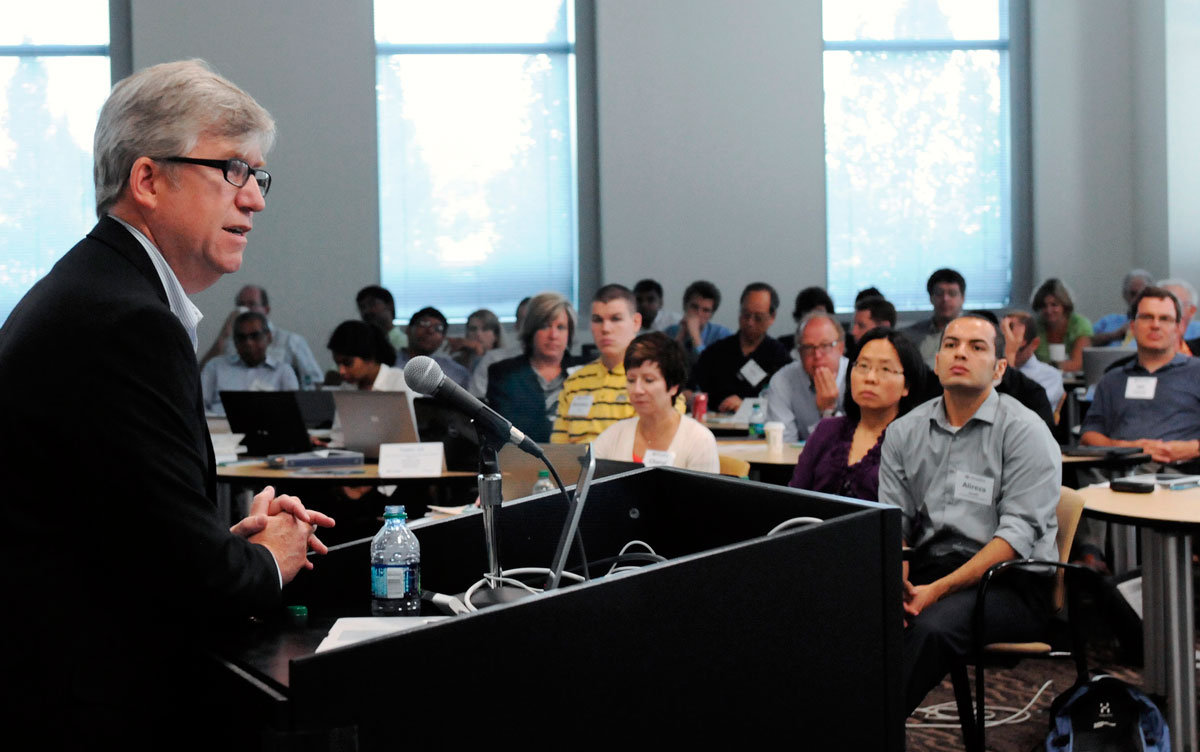 Keith McGreggor is shown addressing a group of I-Corps teams at the start of a program held at Georgia Tech in 2012. McGreggor directs the I-Corps program at Georgia Tech.