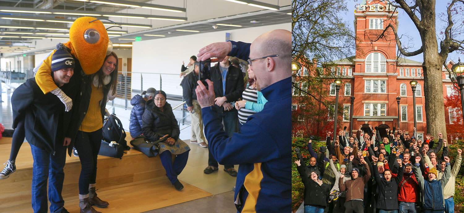 OMSCS students posing with Buzz, the Georgia Tech mascot, and in front of Tech Tower