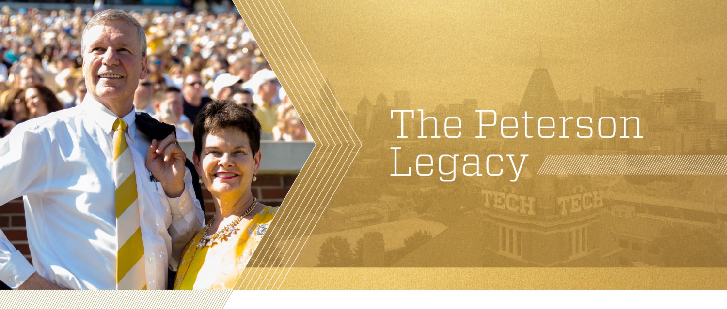 President Peterson and Val Peterson on the Georgia Tech Field in the sunshine
