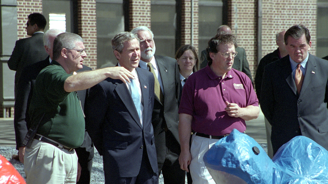 2002 - President George W. Bush watched a hazardous materials emergency response exercise at Georgia Tech on March 27. Georgia Tech Photo: Stanley Leary.