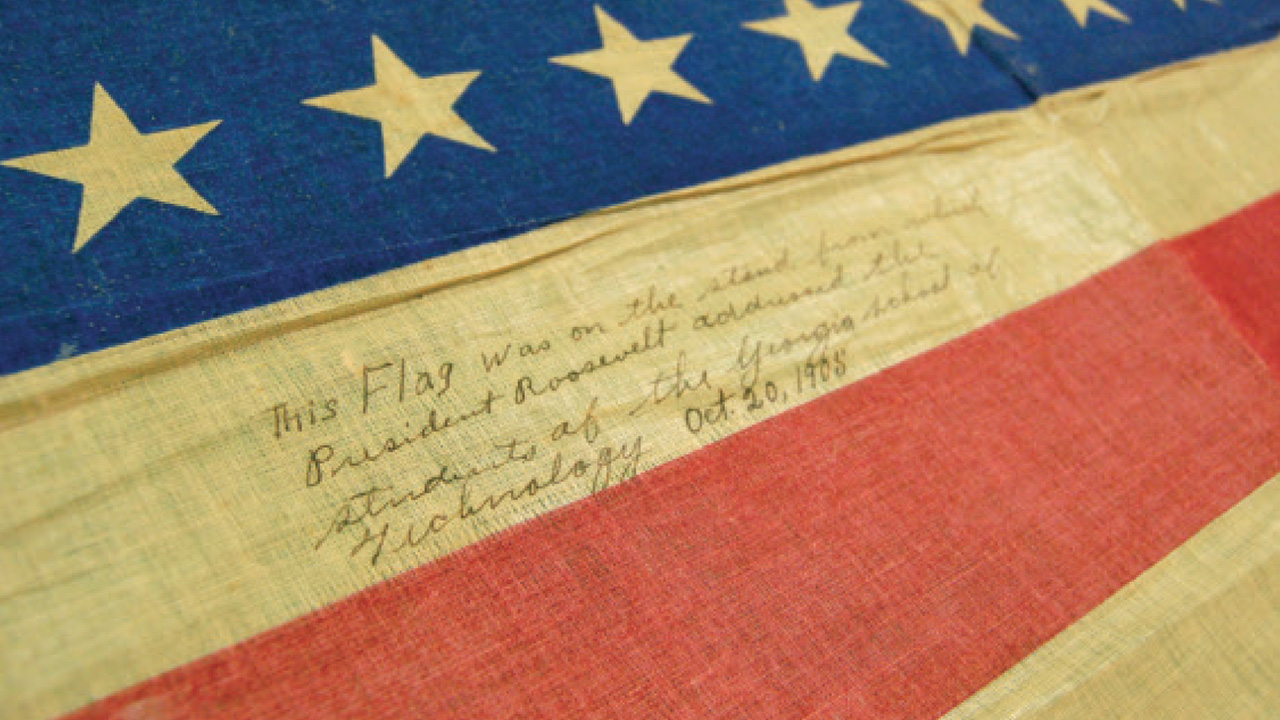 The American flag on the stage where Roosevelt spoke. Source: Georgia Tech Library.