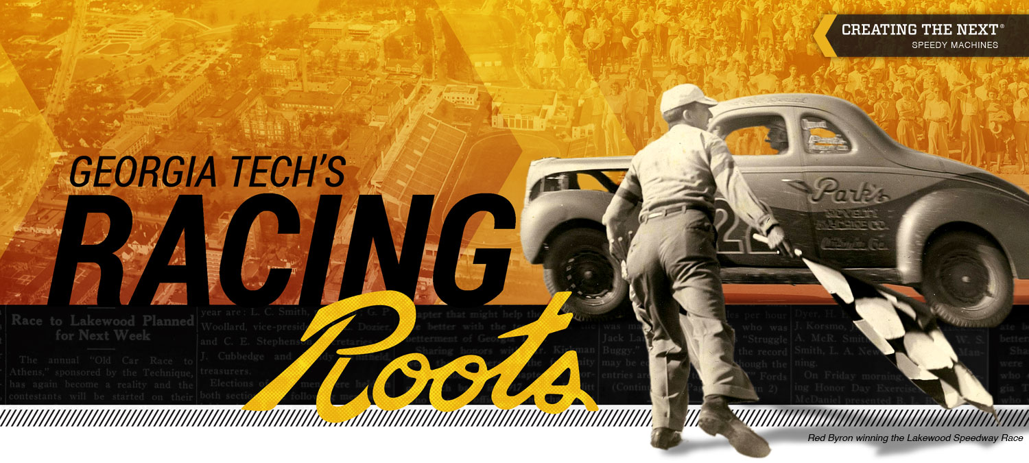 Heading graphic featuring the story title over an old aerial view of Georgia Tech Campus, which blends into a crowd of onlookers watching Red Byron win the Lakewood Speedway Race. An officiant waves a checkered flag in the foreground.
