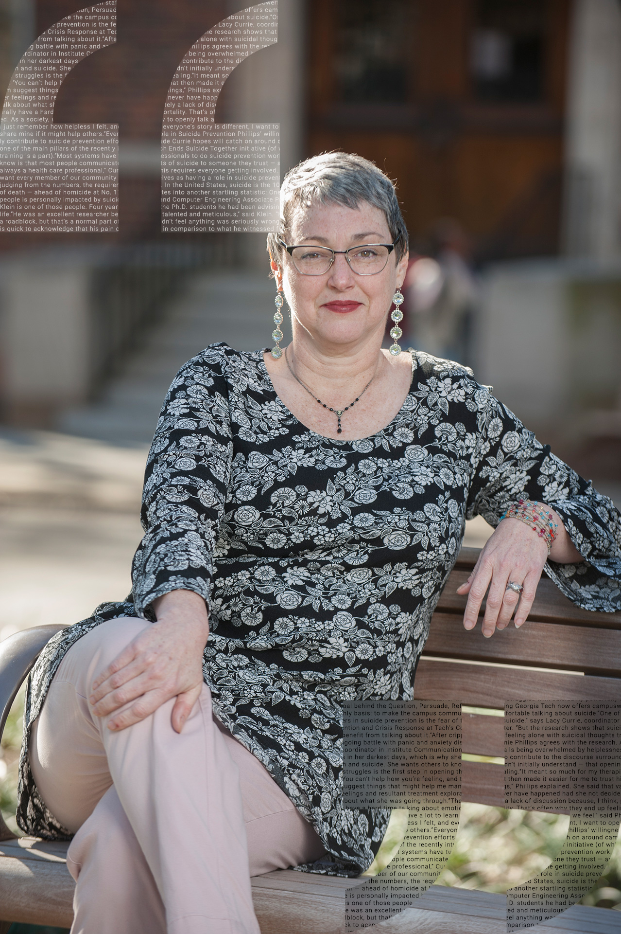 photo - Stephanie Phillips sitting outside on bench near Tech Tower