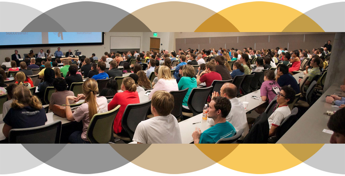 photo - lecture hall filled with large group of seated students at Veritas Forum event