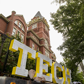 new tech tower letters getting installed