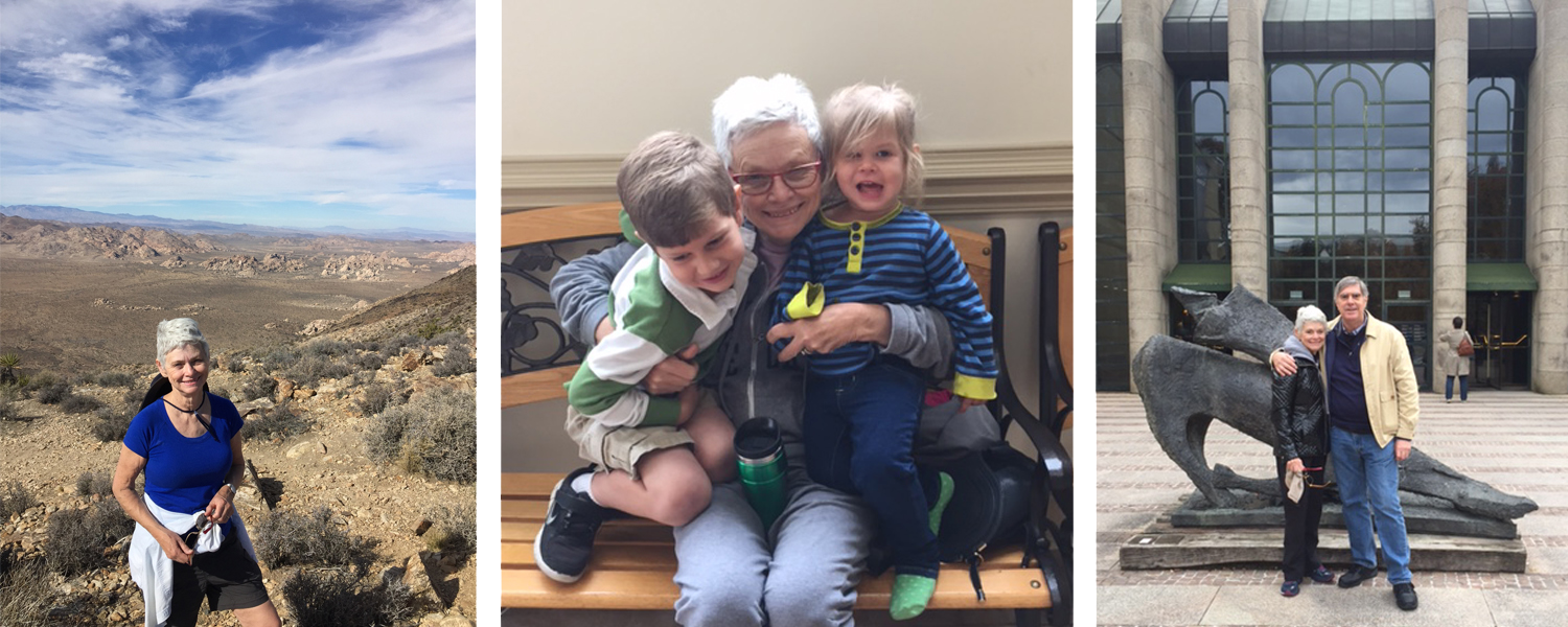 Marie Thursby hiking, with grandchildren