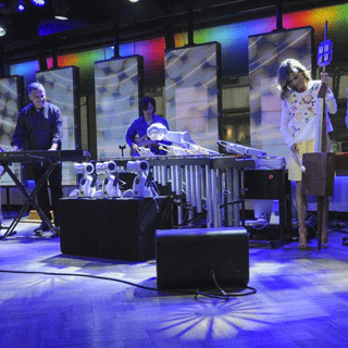 The cast of the Today Show playing futuristic musical instruments with Georgia Tech researcher, Gil Weinberg.